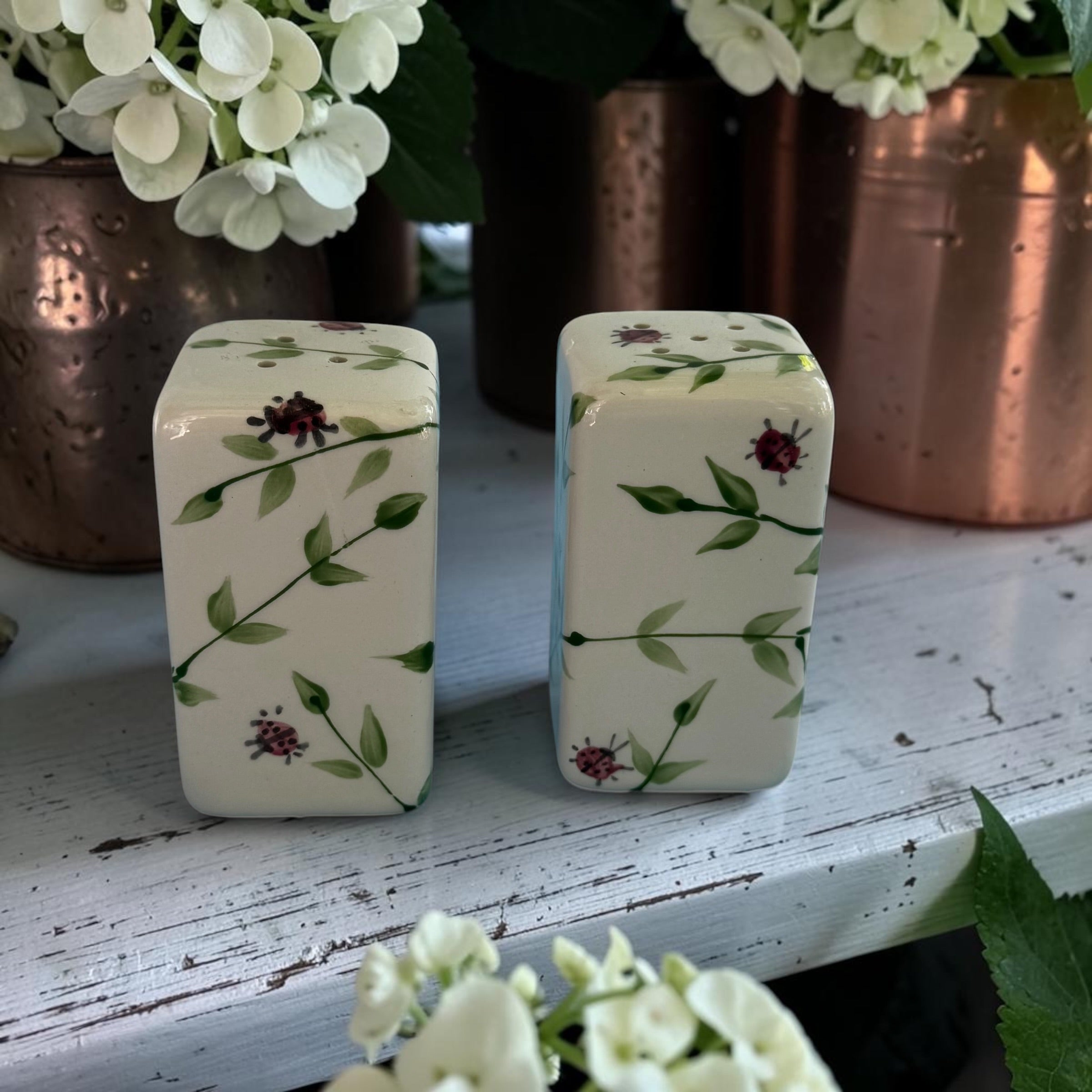 Two decorative ceramic salt and pepper with floral patterns on a wooden surface with white flowers in the background.