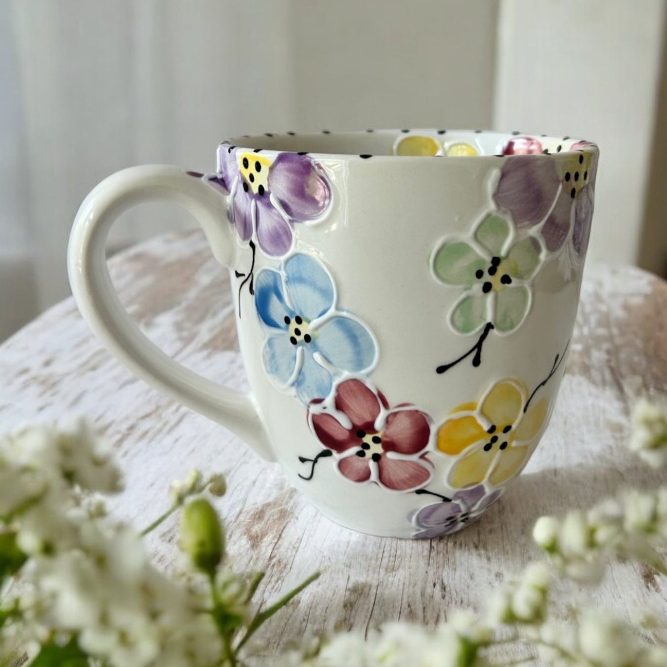 Large Mug with multi color cherry blossom pattern floral -  LadybirdCeramics