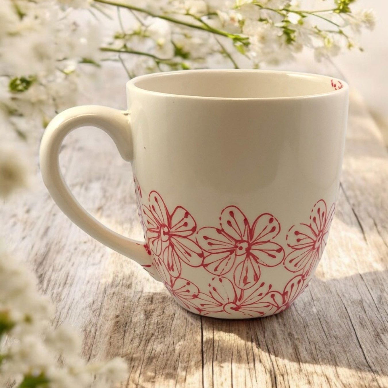 Red and White floral pattern ceramic mug - Ladybird Ceramics