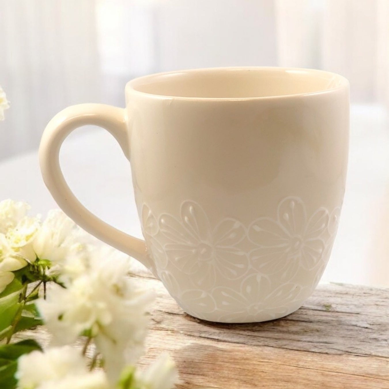 White floral Large Mugs - LadybirdCeramics