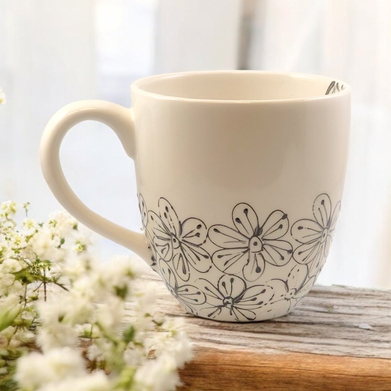 Large Black and White Floral Coffee Mug - Ladybird Ceramics