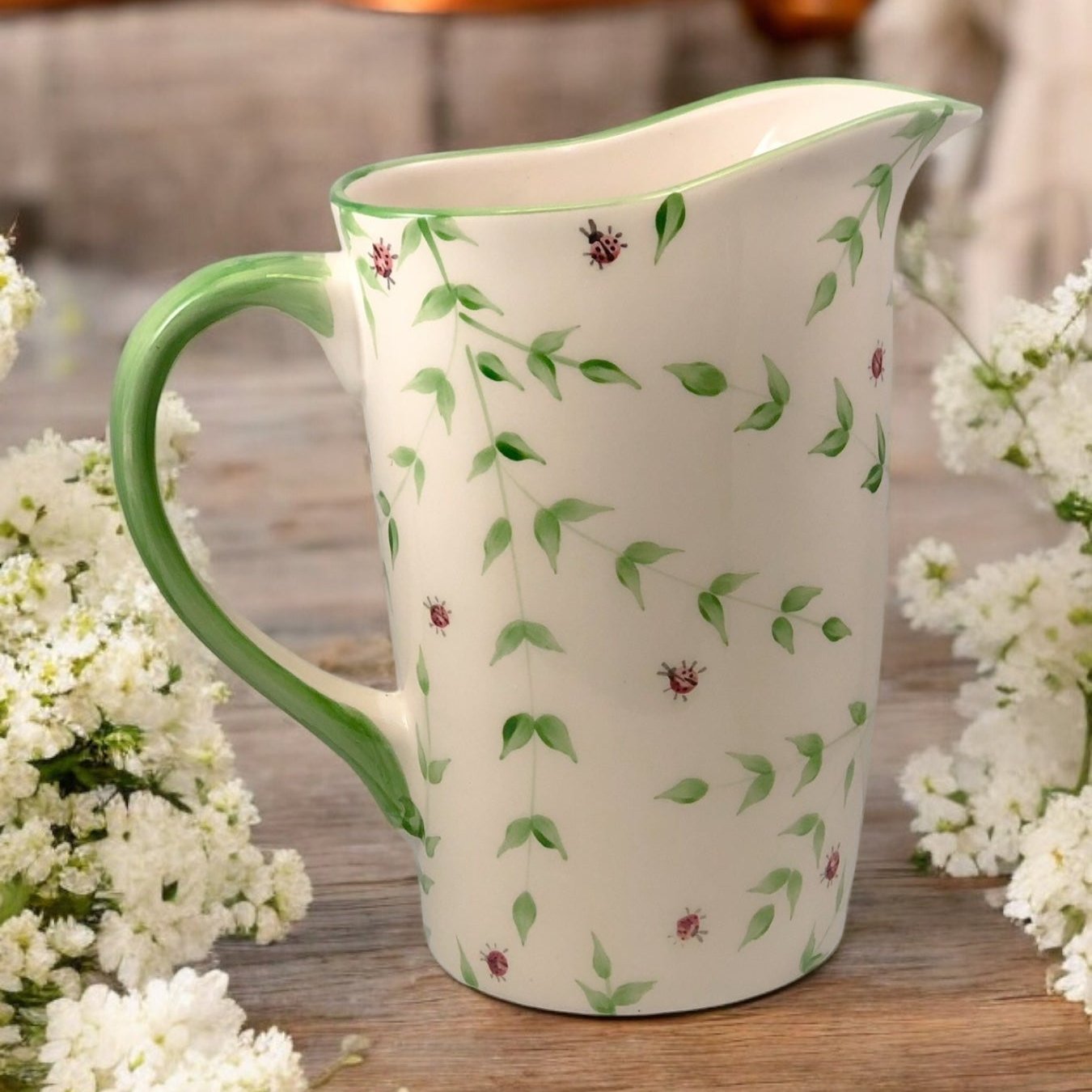Milk Bag Pitcher with Green Leaves and Ladybugs- LadybirdCeramics