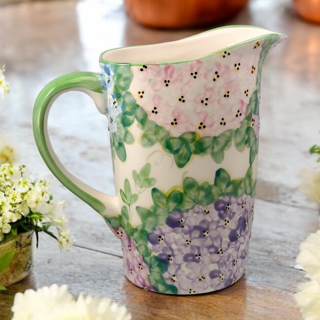 Milk Bag Pitcher  Green Hydrangea handpainted pattern-  Ladybird Ceramics Canada