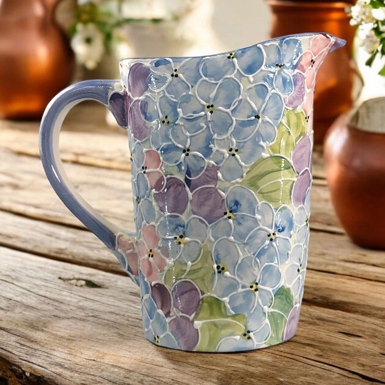Milk Bag Pitcher Hydrangea Handpainted -  Ladybird Ceramics Canada