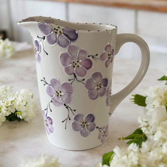 Milk Bag Pitcher Purple Cherry Blossoms Handpainted  - Ladybird Ceramics