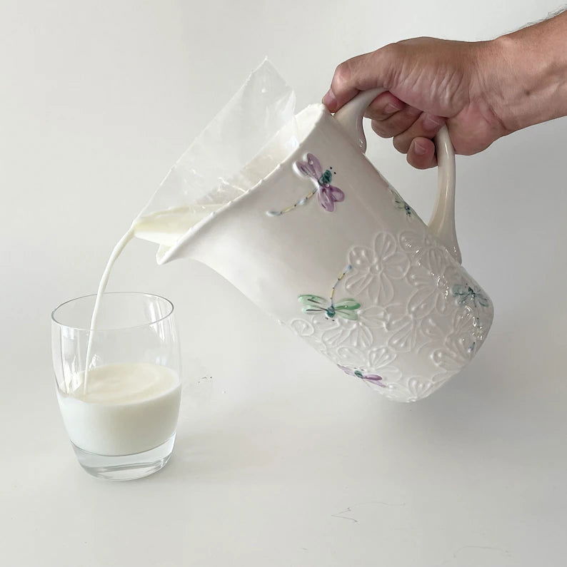 Hand-Painted Milk Bag Pitcher | Ceramic Milk Jug | Ladybird