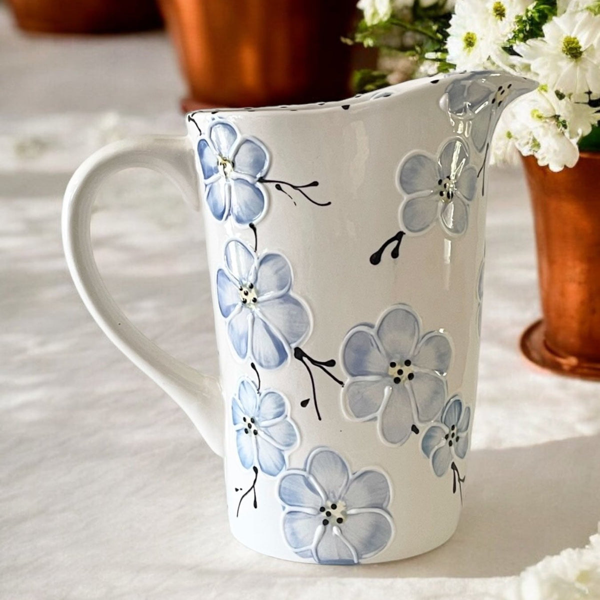 Milk Bag Pitcher handpainted blue cherry blossom design  - Ladybird Ceramics
