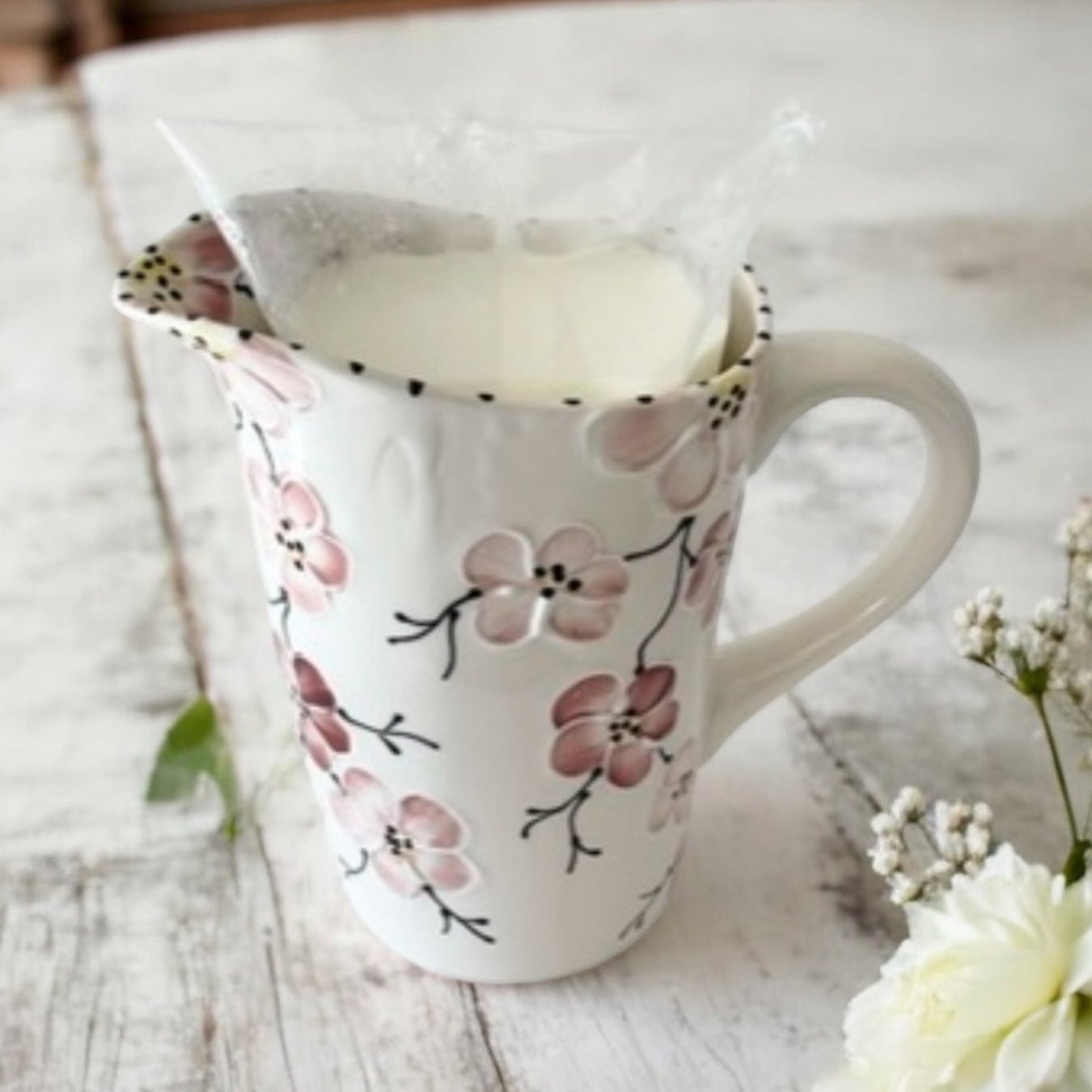 Milk Bag Pitcher with milk bag pink cherry blossom pattern  - LadybirdCeramics