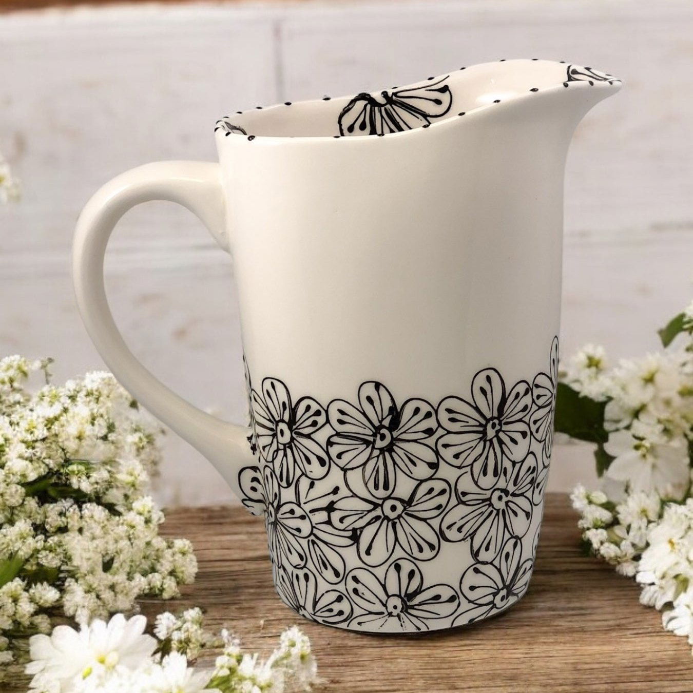 Milk Bag Pitcher black and white floral pattern handpainted - LadybirdCeramics
