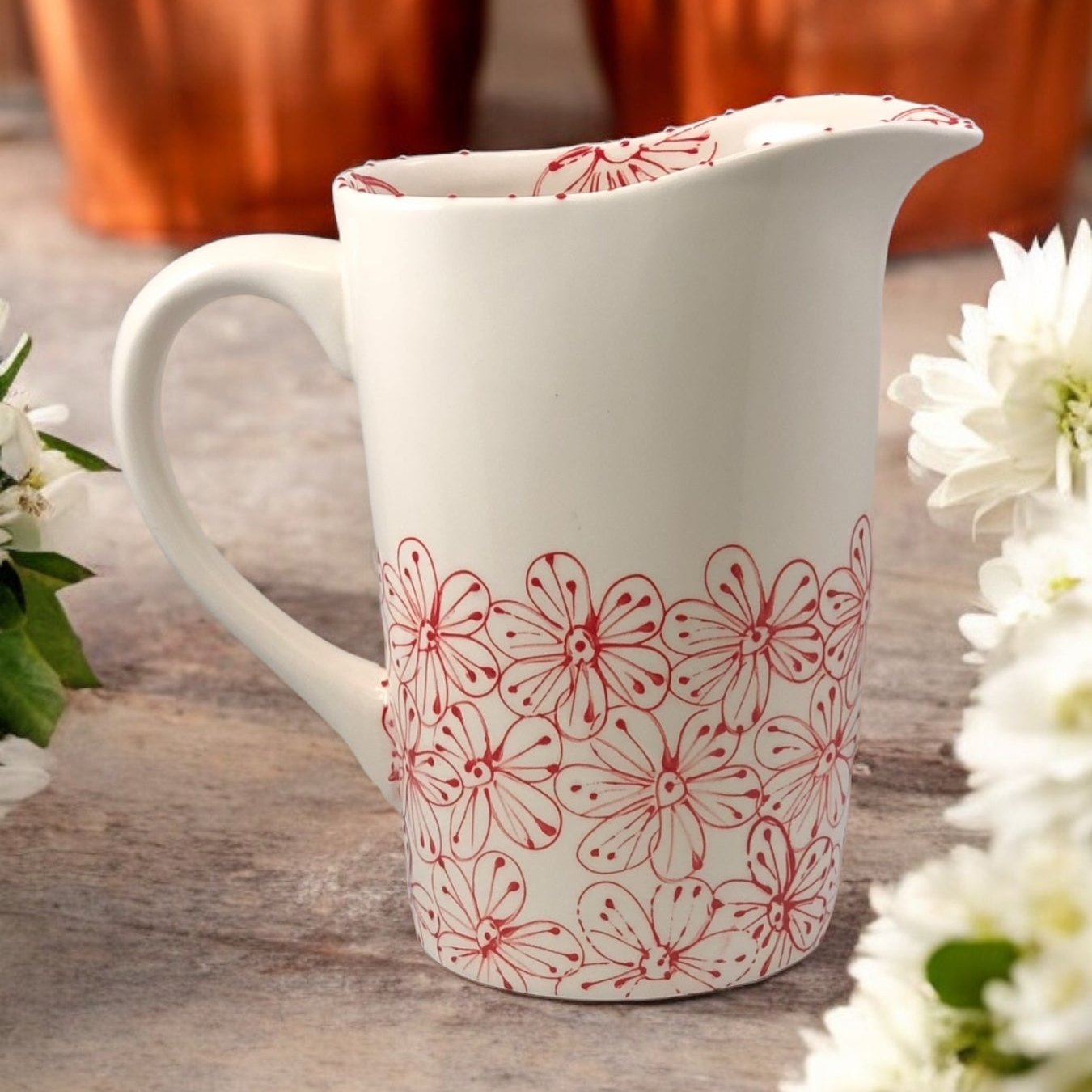 Milk Bag Pitcher red and white floral pattern - LadybirdCeramics