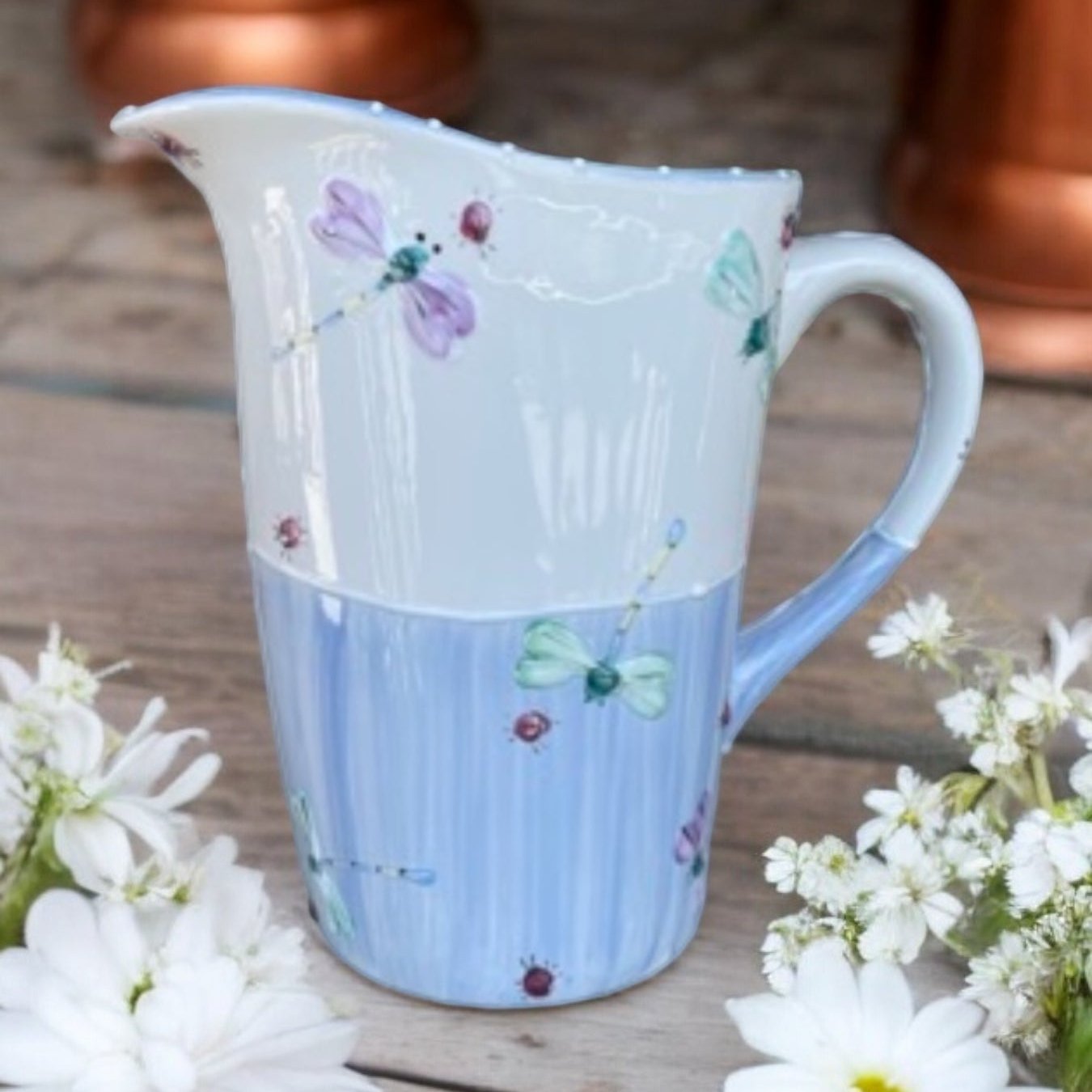 Milk Bag Pitcher  blue dragonfly and white pattern- LadybirdCeramics