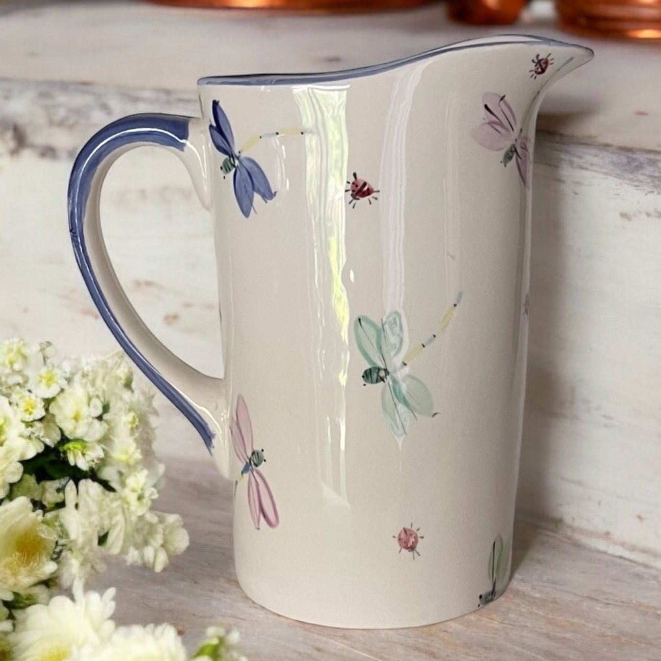 Milk Bag Pitcher blue dragonfly pattern - LadybirdCeramics