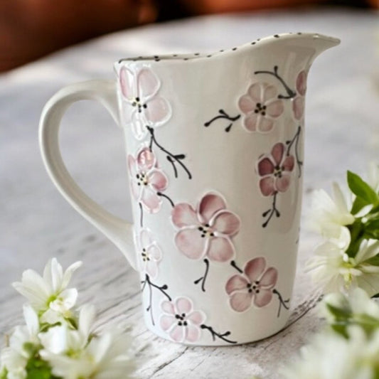 Milk Bag Pitcher pink cherry blossom floral print- LadybirdCeramics