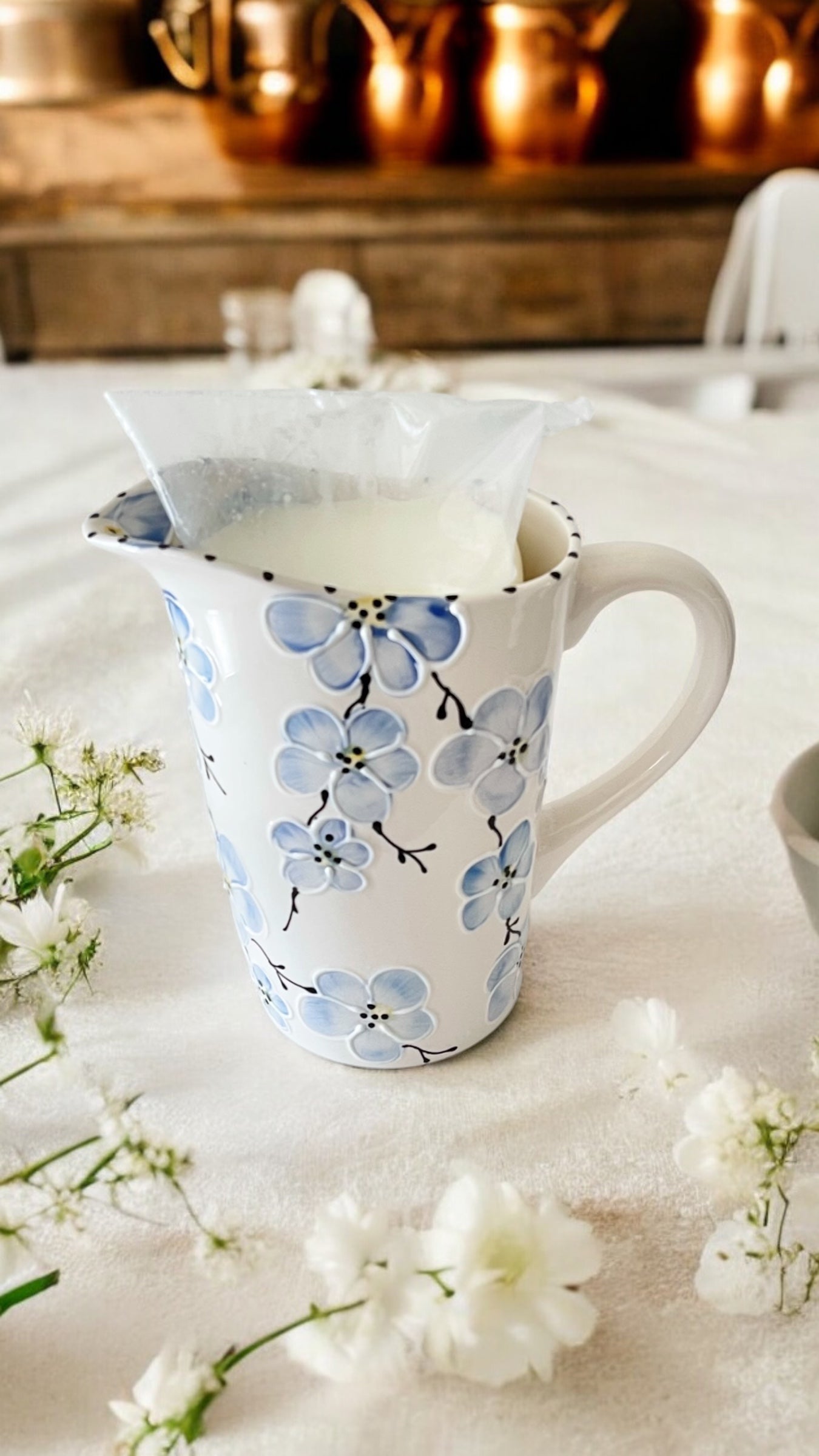 Milk Bag Pitcher blue cherry blossom handpainted design - LadybirdCeramics