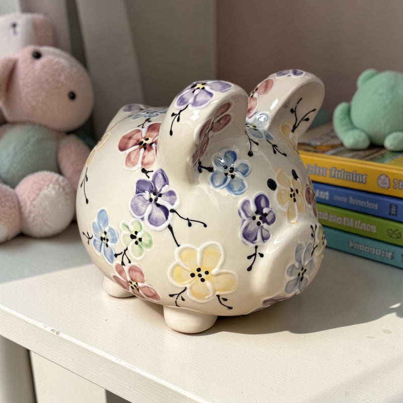 Floral-patterned ceramic piggy bank on a shelf with plush toys and books in the background - Ladybird Ceramics