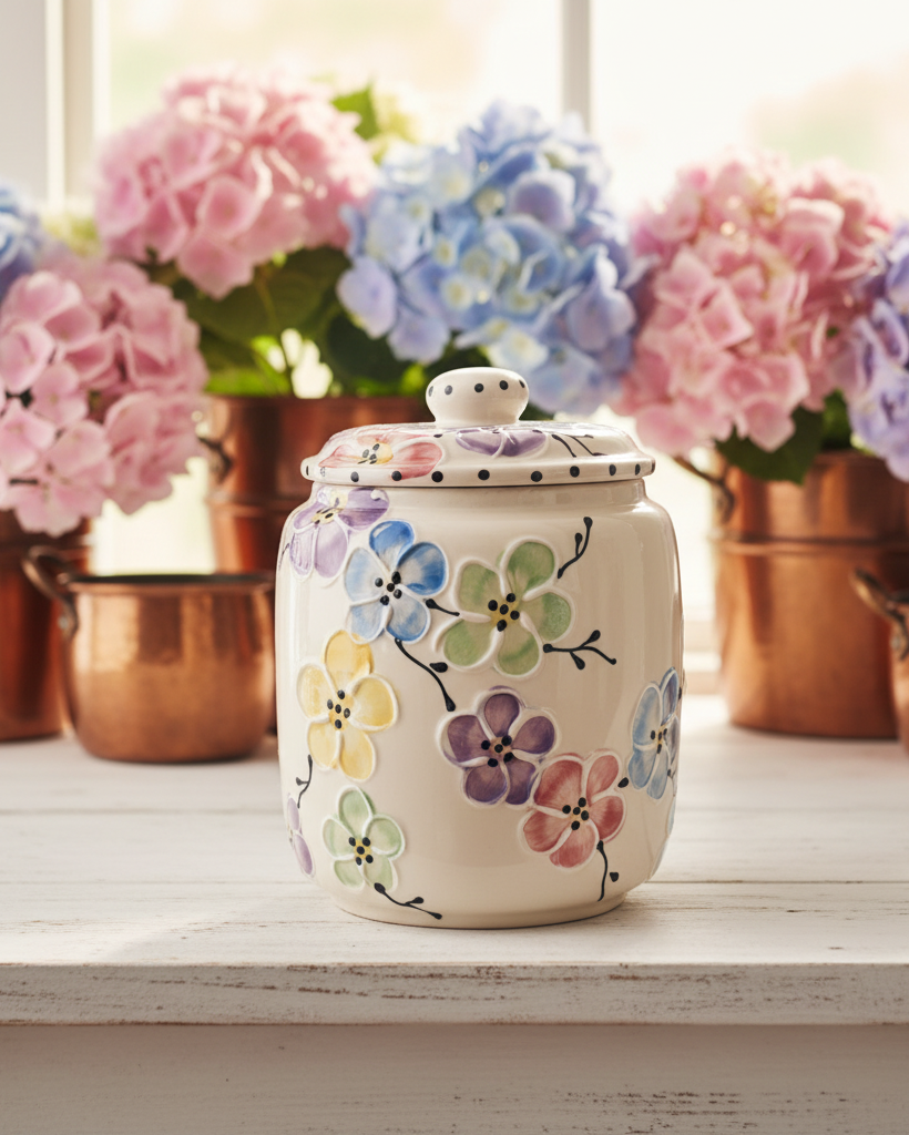 A cream-colored ceramic canister with a matching lid, decorated with colorful hand-painted flowers, displayed on a white wooden surface with copper pots and pink, blue, and purple hydrangeas in the background.