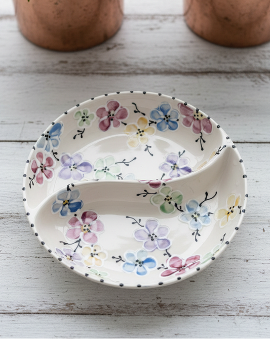 A ceramic two-compartment serving Bowl with a white base decorated with a colorful floral pattern, set on a white wooden surface with potted flowers in the background.