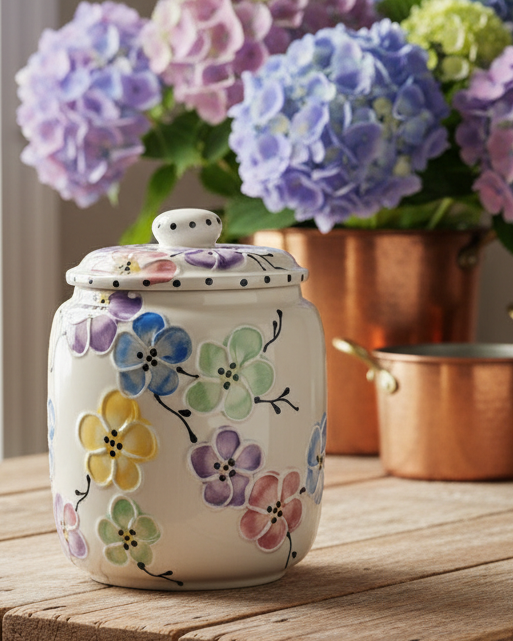 A cream-colored ceramic canister with a lid, decorated with colorful hand-painted flowers in yellow, blue, green, and pink, set on a rustic wooden table with copper pots and purple hydrangeas in the background.