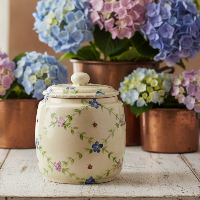 A cream-colored ceramic jar with a matching lid, decorated with a delicate green vine pattern and small blue, purple, and red flowers. The jar is set on a rustic white wooden table, with copper pots and blue, pink, and green hydrangeas in the soft-focus background.