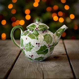 Holly leaves painted ceramic teapot 
