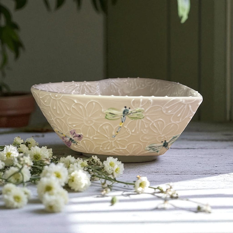 white dragonfly hand-painted heart shaped ceramic bowl 