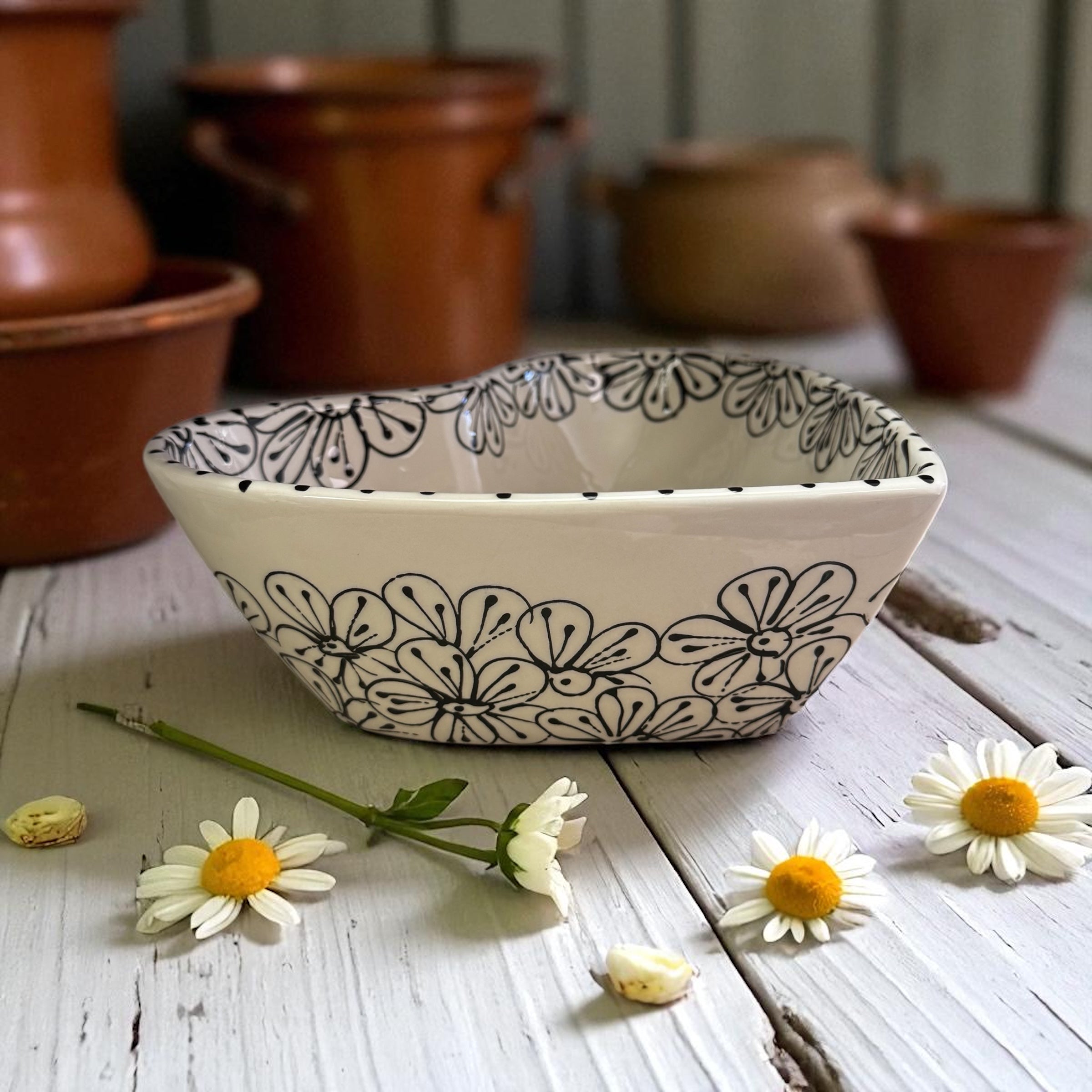 black and white floral ceramic heart bowl 