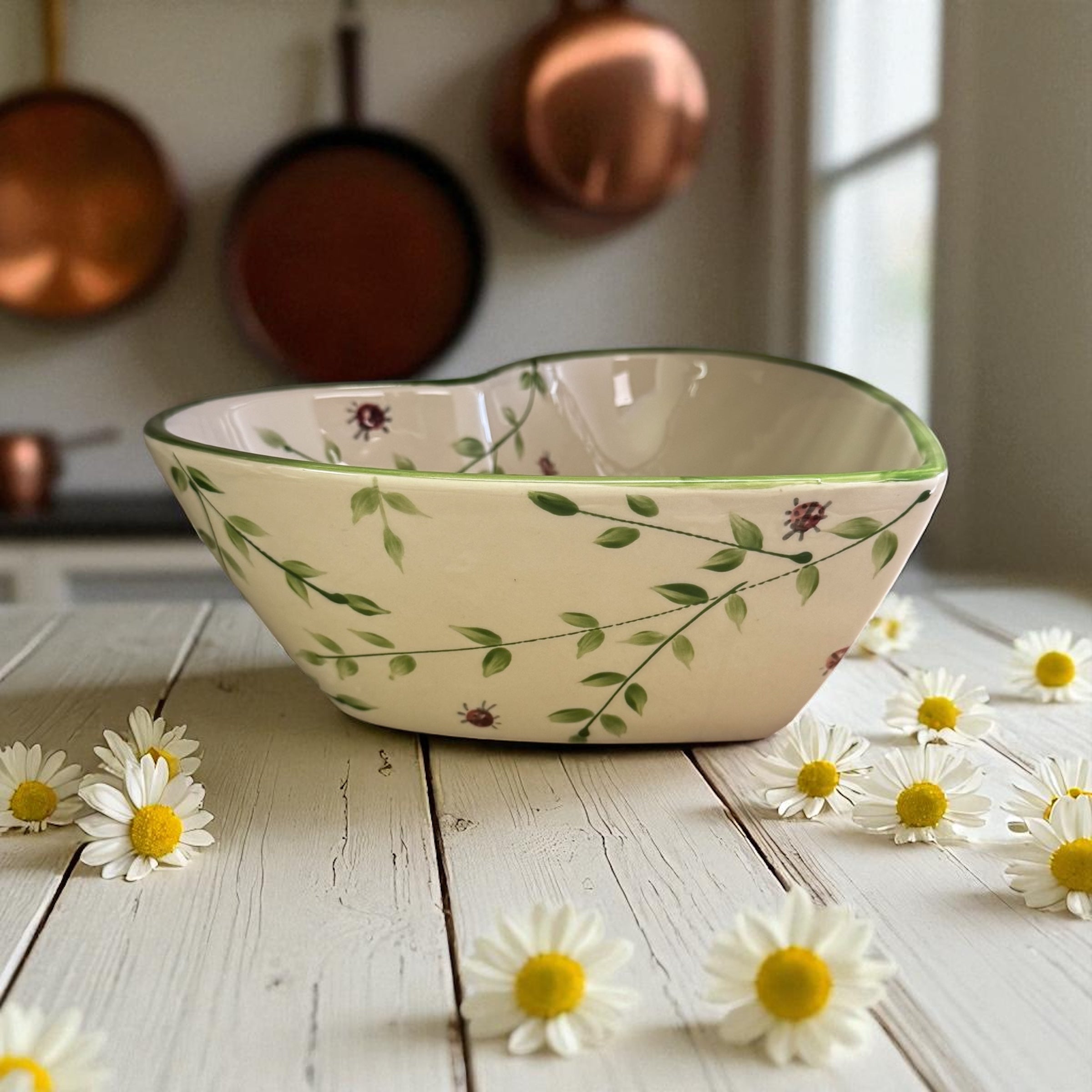 green leaves painted ceramic heart bowl