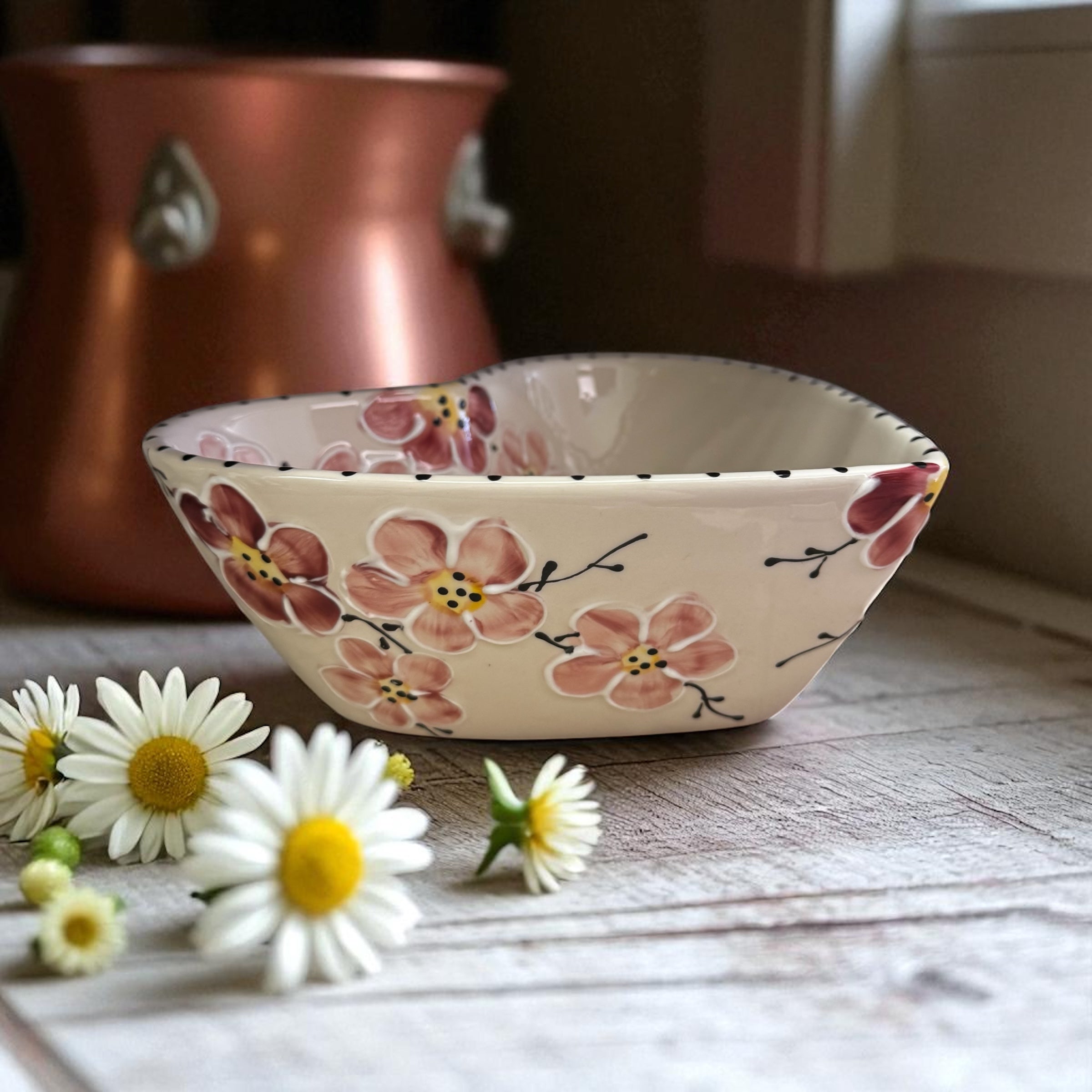 pink cherry blossoms heart shaped ceramic bowl