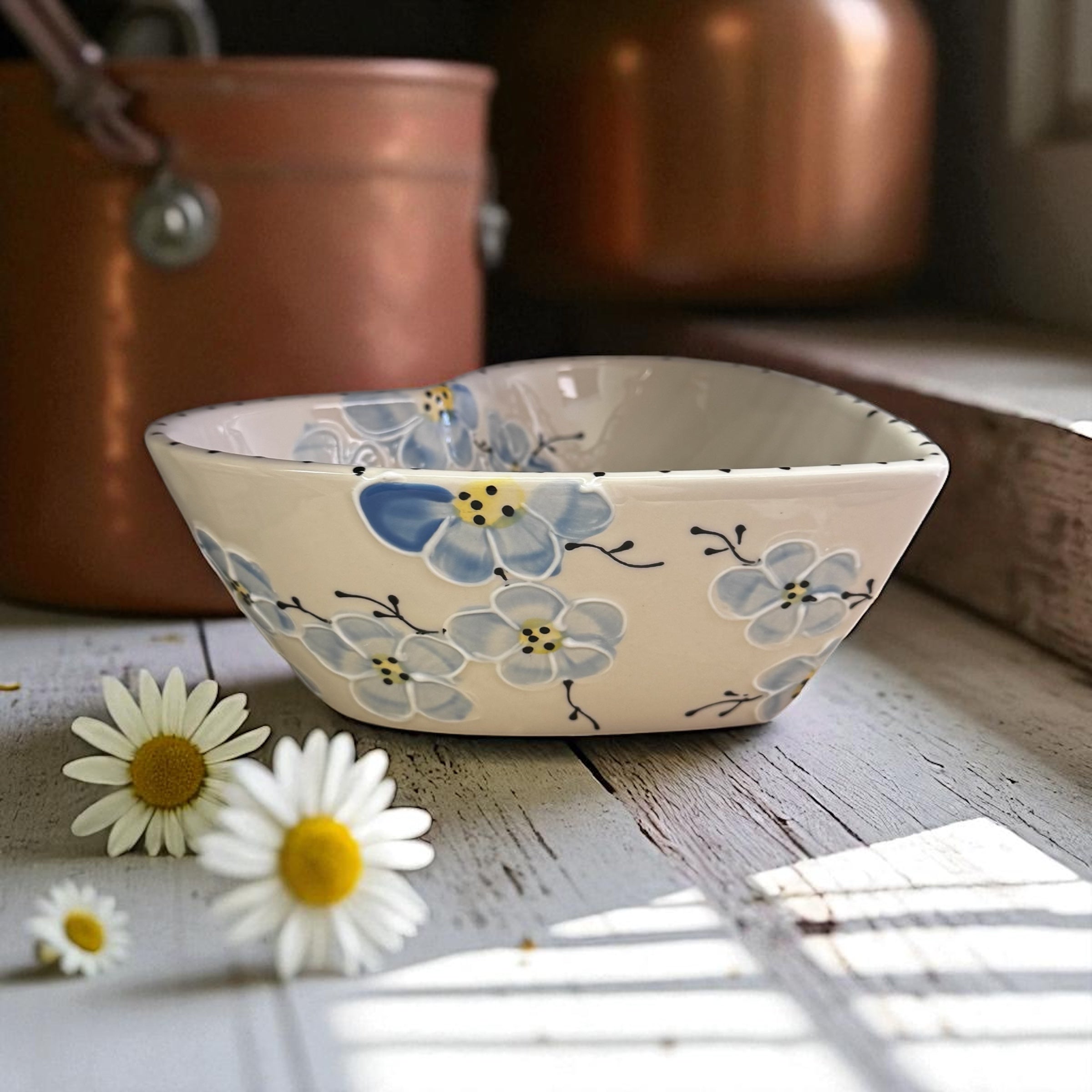 blue cherry blossoms heart shaped ceramic bowl