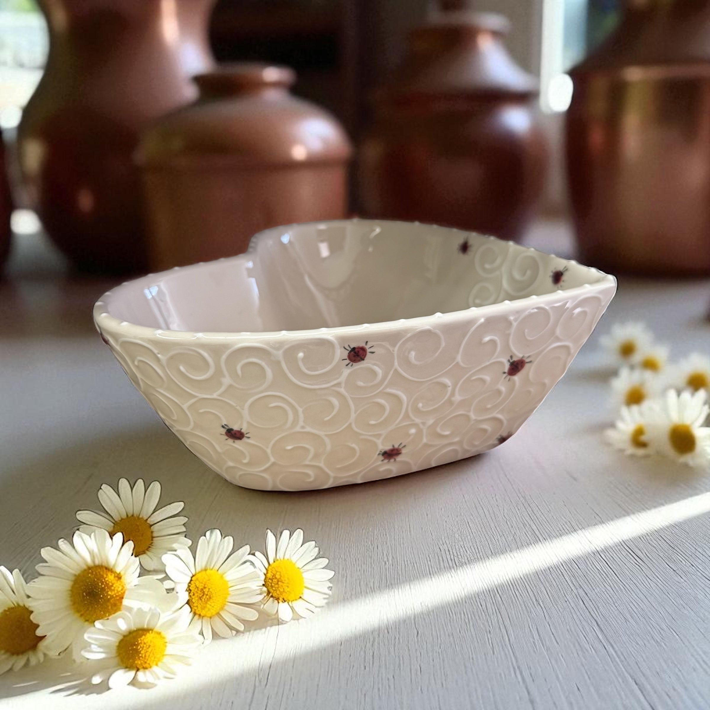 ladybug painted white ceramic heart shaped bowl