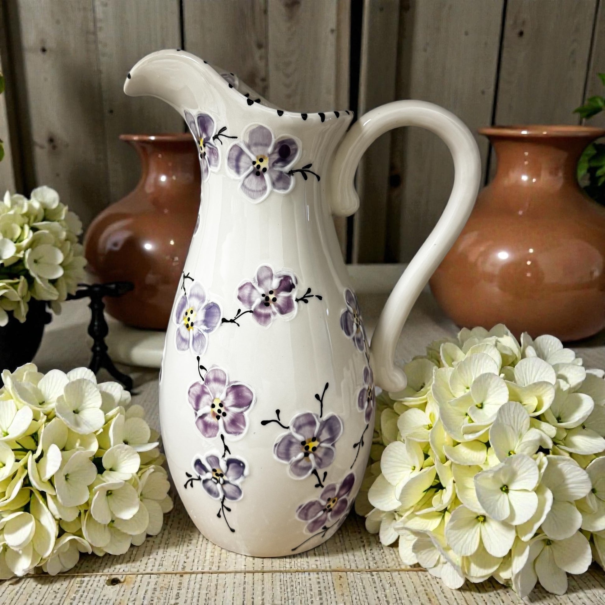 Purple Cherry Blossoms Ceramic Handpainted Water Jug - Ladybird Ceramics