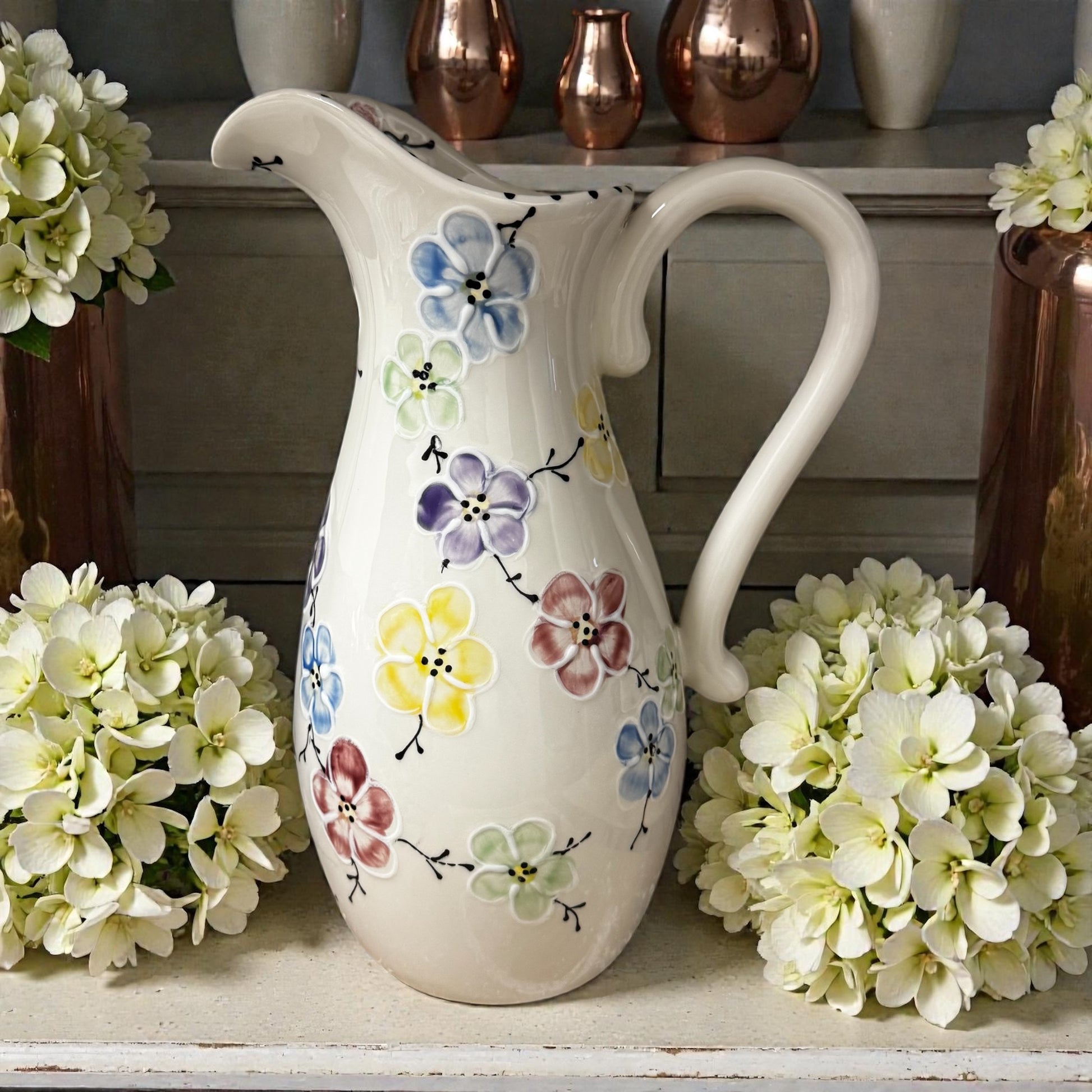 Multi Color Cherry Blossoms Ceramic Handpainted Water Jug - Ladybird Ceramics
