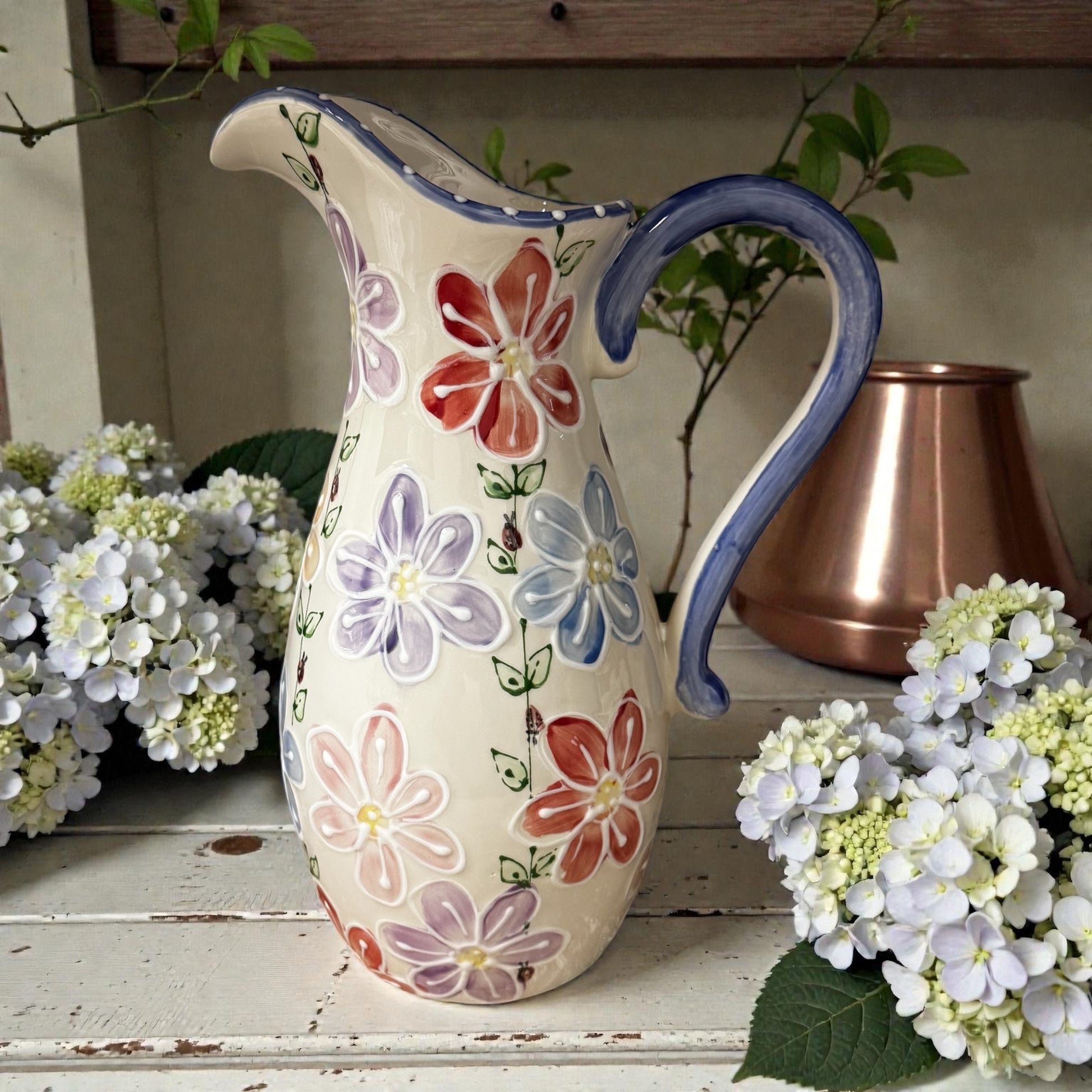New Daisy Blossoms Ceramic Handpainted Water Jug - Ladybird Ceramics