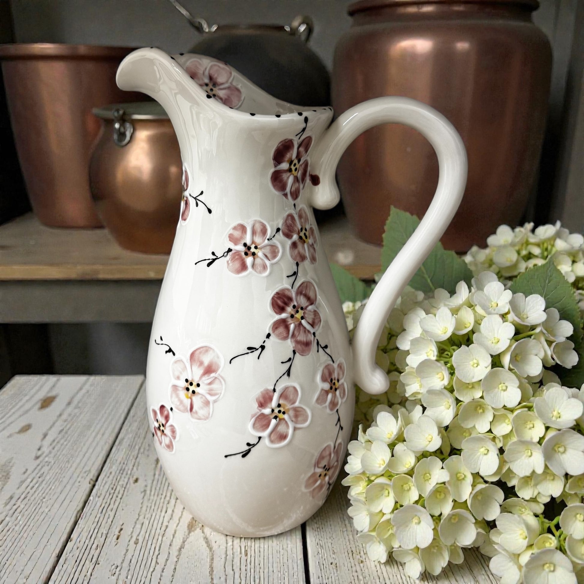 Pink Cherry Blossoms Ceramic Handpainted Water Jug - Ladybird Ceramics