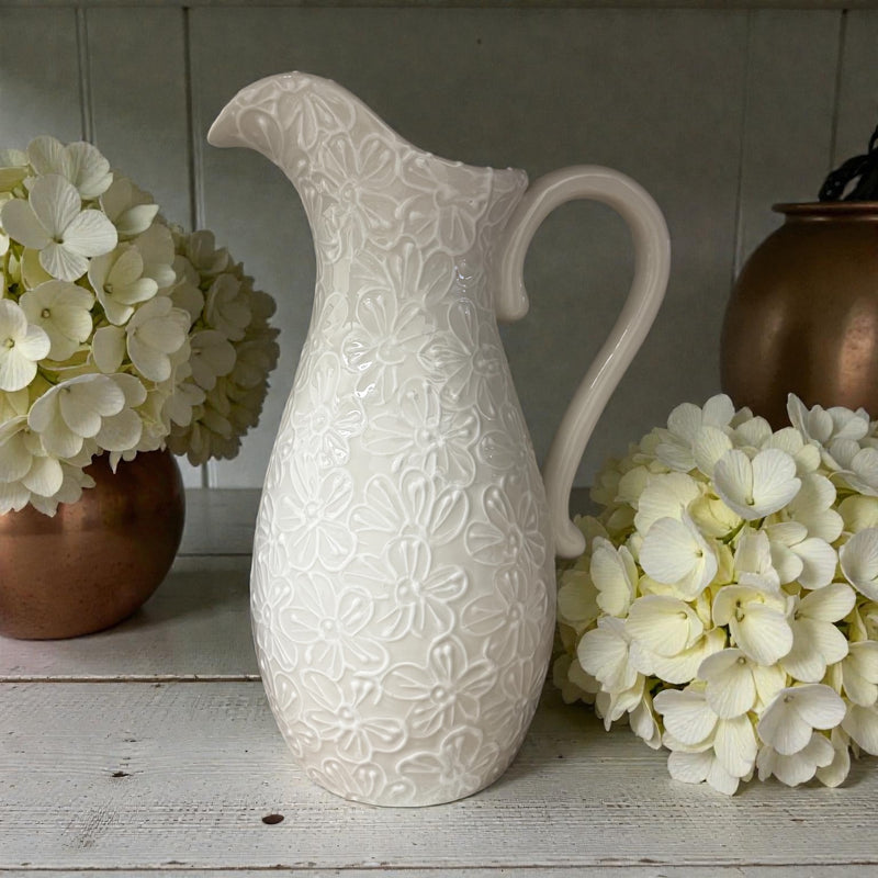White Floral Ceramic Handpainted Water Jug - Ladybird Ceramics