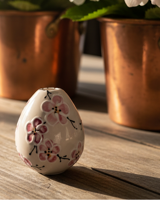 A small white ceramic egg-shaped vase decorated with pink cherry blossoms, resting on a rustic wooden table with blurred copper planters and white flowers in the background.