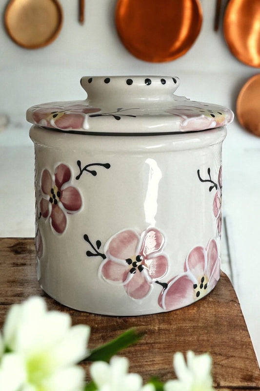 pink cherry blossom butter crock container