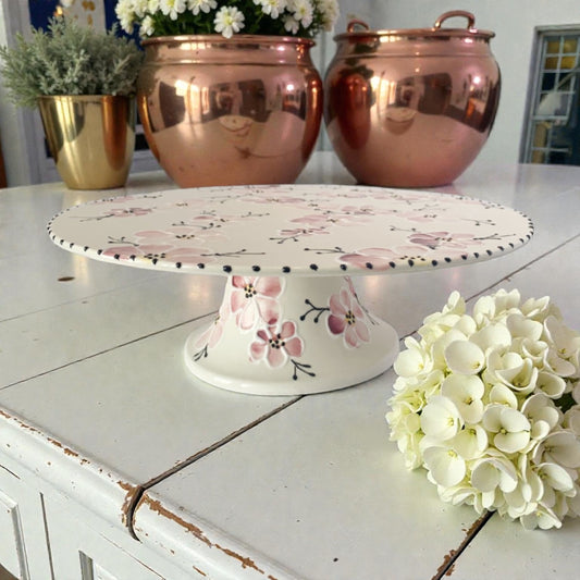 Pink Cherry Blossom Ceramic Painted Cake Stand - Ladybird Ceramics 