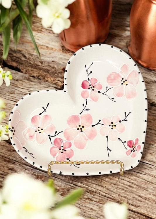 Pink Cherry Blossom Ceramic Heart Plate
