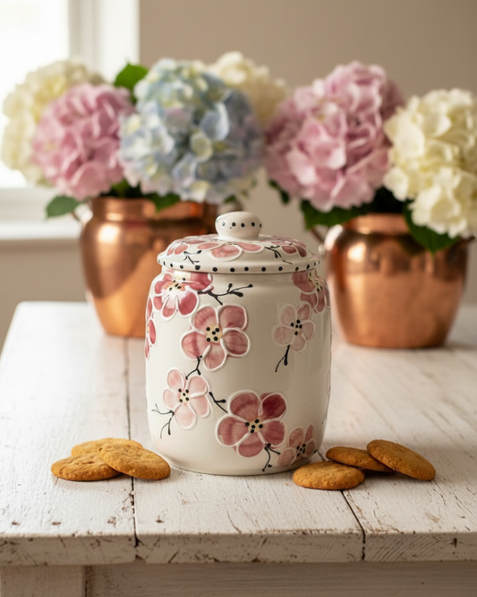 A white ceramic cookie jar decorated with pink cherry blossom flowers, styled on a white wooden table with cookies in the foreground and copper pots with flowers in the background.