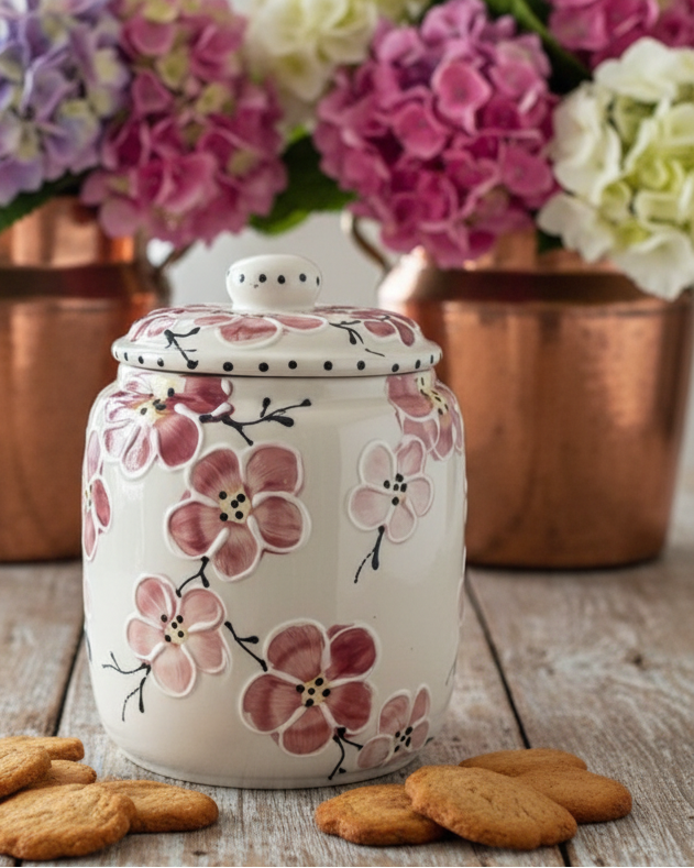 A white ceramic lidded cookie jar decorated with pink cherry blossoms, set on a rustic wooden table with cookies in the foreground and blurred copper pots of flowers in the background.