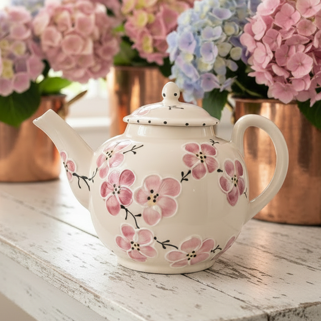A white ceramic teapot decorated with pink cherry blossom flowers, resting on a distressed white wooden table with pink and blue hydrangeas in the background.