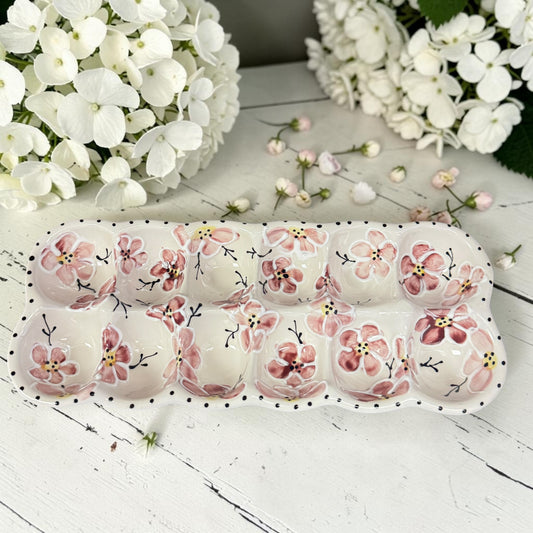 Pink Cherry Blossoms handpainted egg tray ceramic - made in Canada- Ladybird Ceramics 