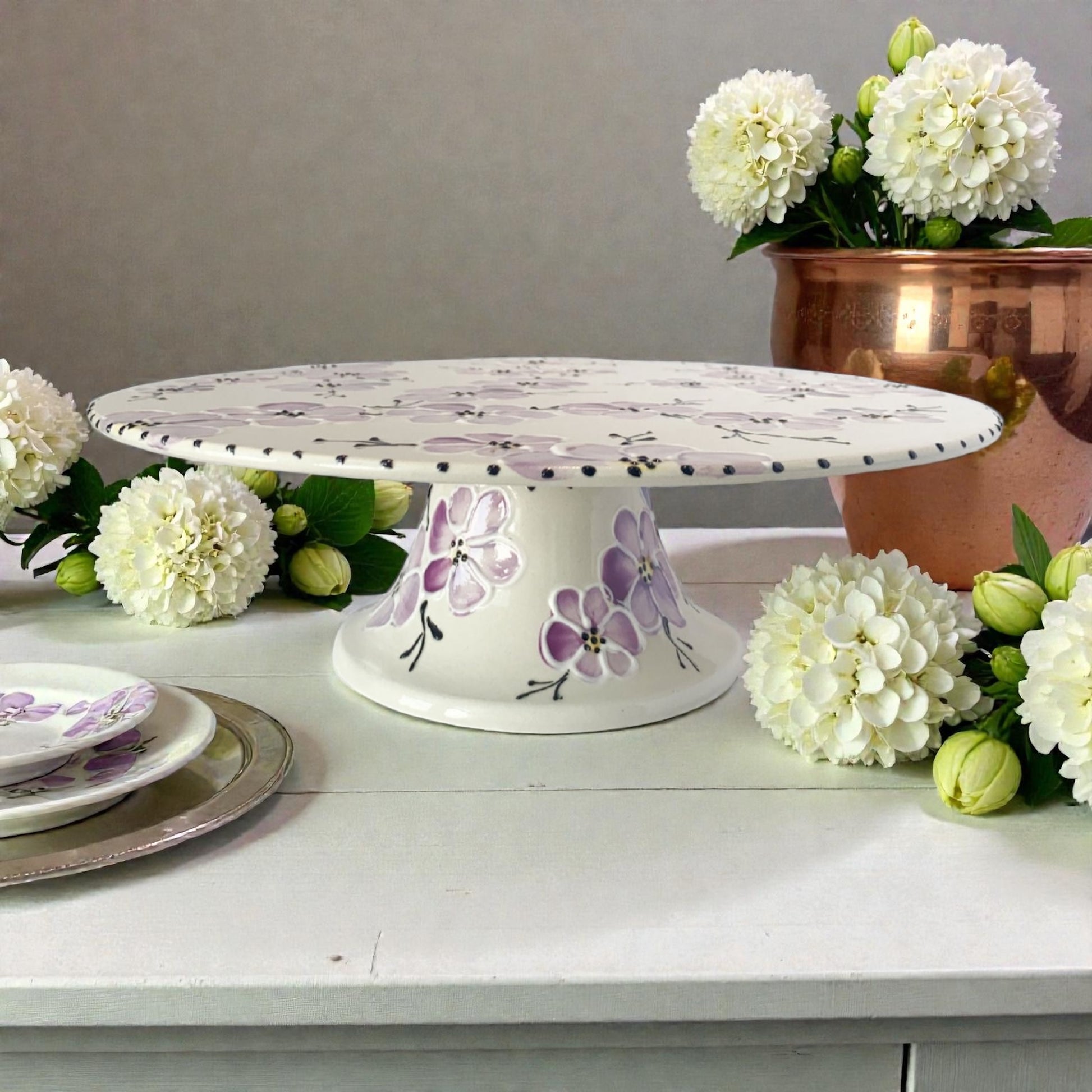 Purple Cherry Blossom Ceramic Painted Cake Stand - Ladybird Ceramics 