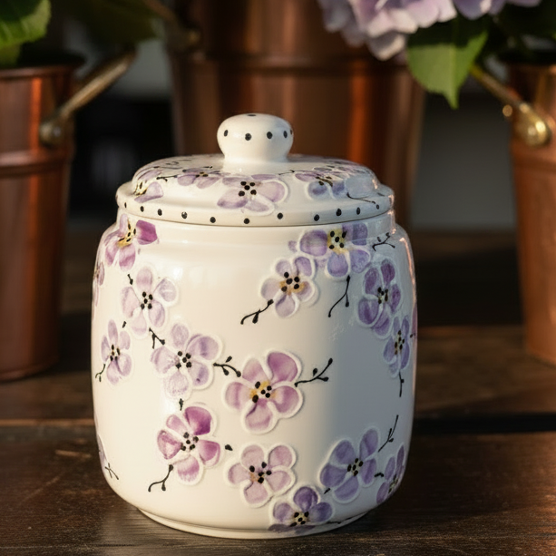 A white ceramic lidded jar decorated with hand-painted purple and pink cherry blossoms, set on a dark wooden table with blurred purple hydrangeas in the background.