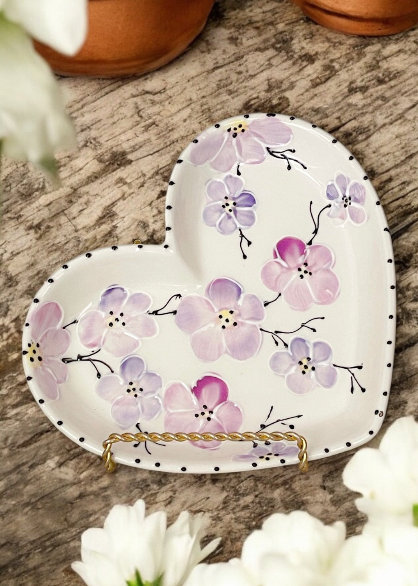 Purple Cherry Blossom Painted Ceramic Heart Plate 