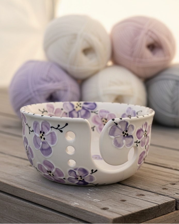 A white ceramic knitting bowl with a purple floral pattern, resting on a weathered wooden surface with colorful balls of yarn blurred in the background.