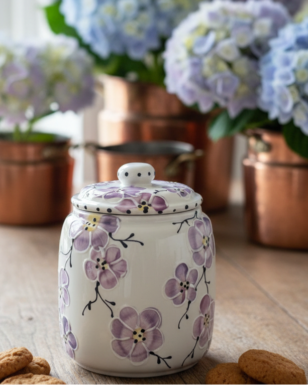 A white ceramic canister with a matching lid, decorated with a purple and lavender floral pattern, set on a wooden table with cookies in the foreground and blurred hydrangeas in copper pots in the background.