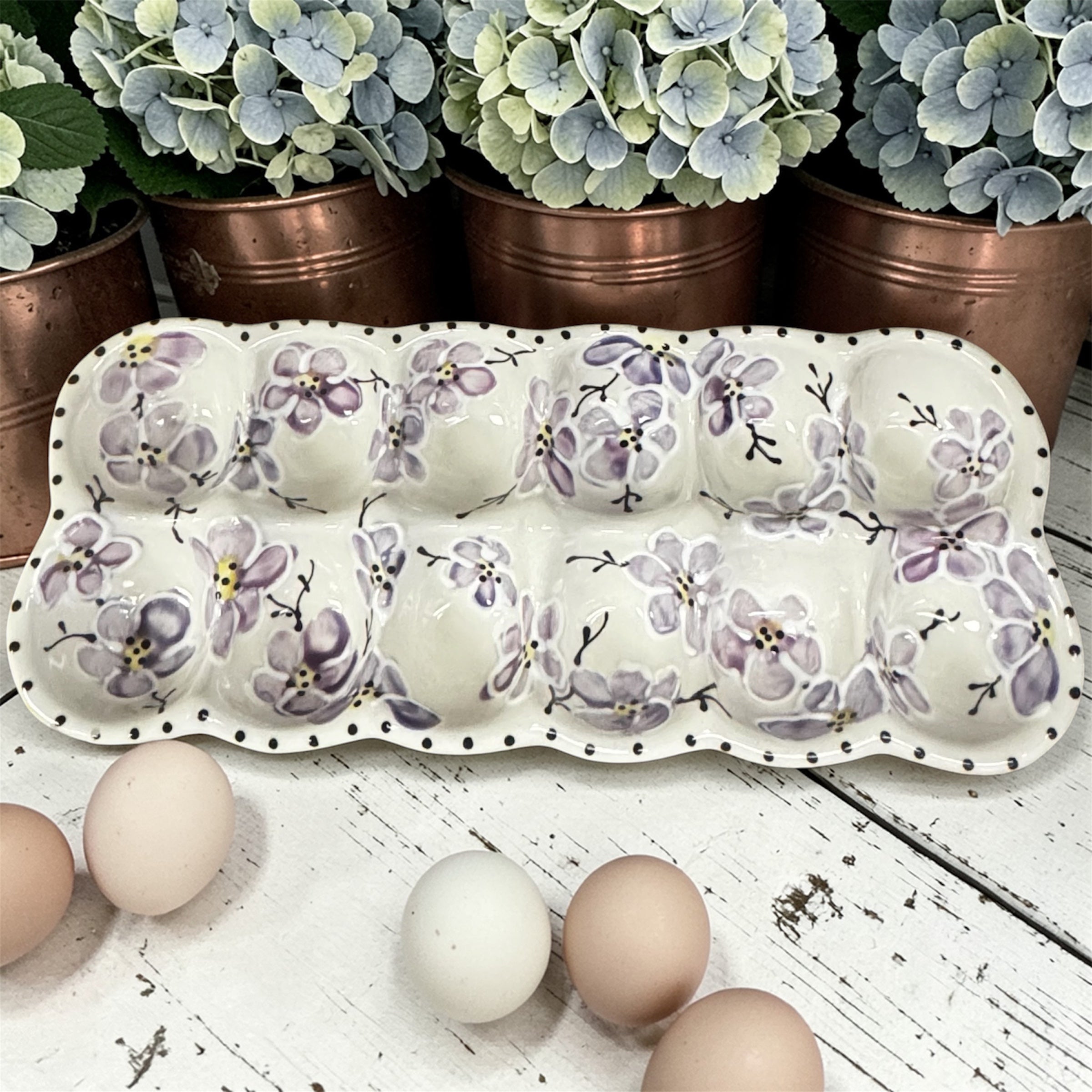 Purple Cherry Blossom Florals Handpainted on Ceramic Egg Tray - Made in Canada - Ladybird Ceramics