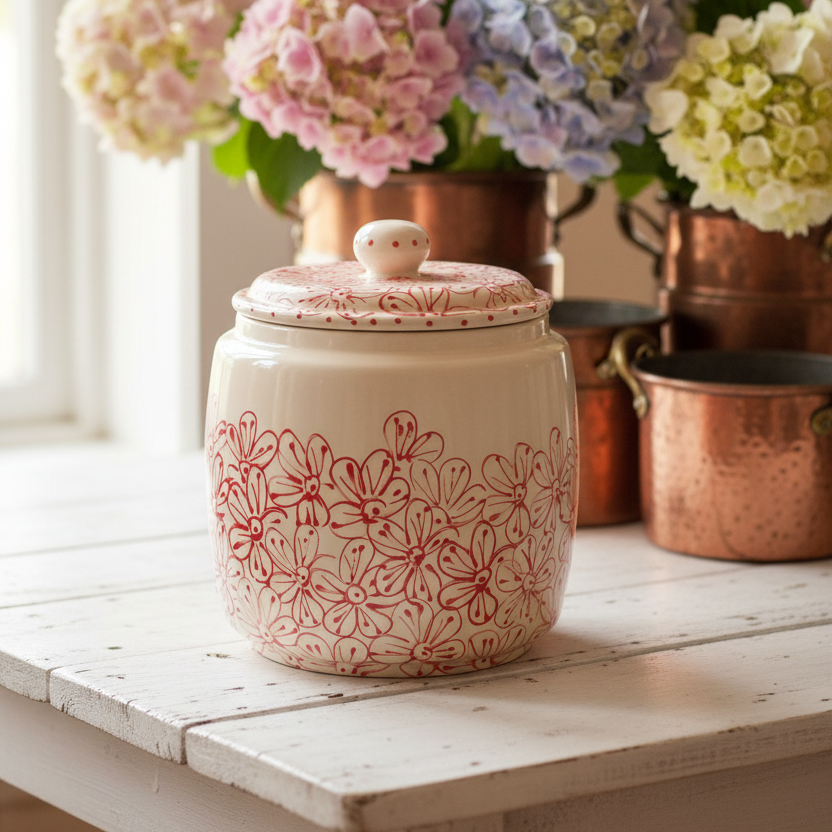 A cream ceramic canister with a red floral pattern and a matching lid knob, styled on a white wooden table in front of copper pots and pastel hydrangeas.